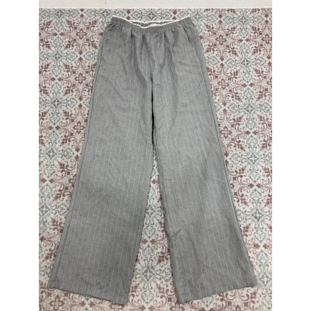 Fashion Nova Gray Pinstripe Wide Leg Elastic Waist Ruffle Trim Pants Medium